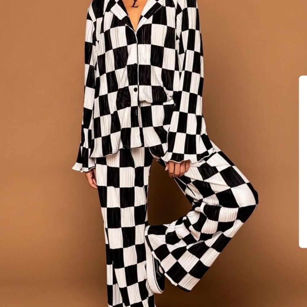 Dressed In Lala Black and White Checkered Plisse Set